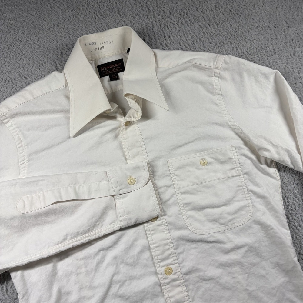 VINTAGE Yves Saint Laurent YSL Shirt Mens 15 Point Collar Off White Pocket